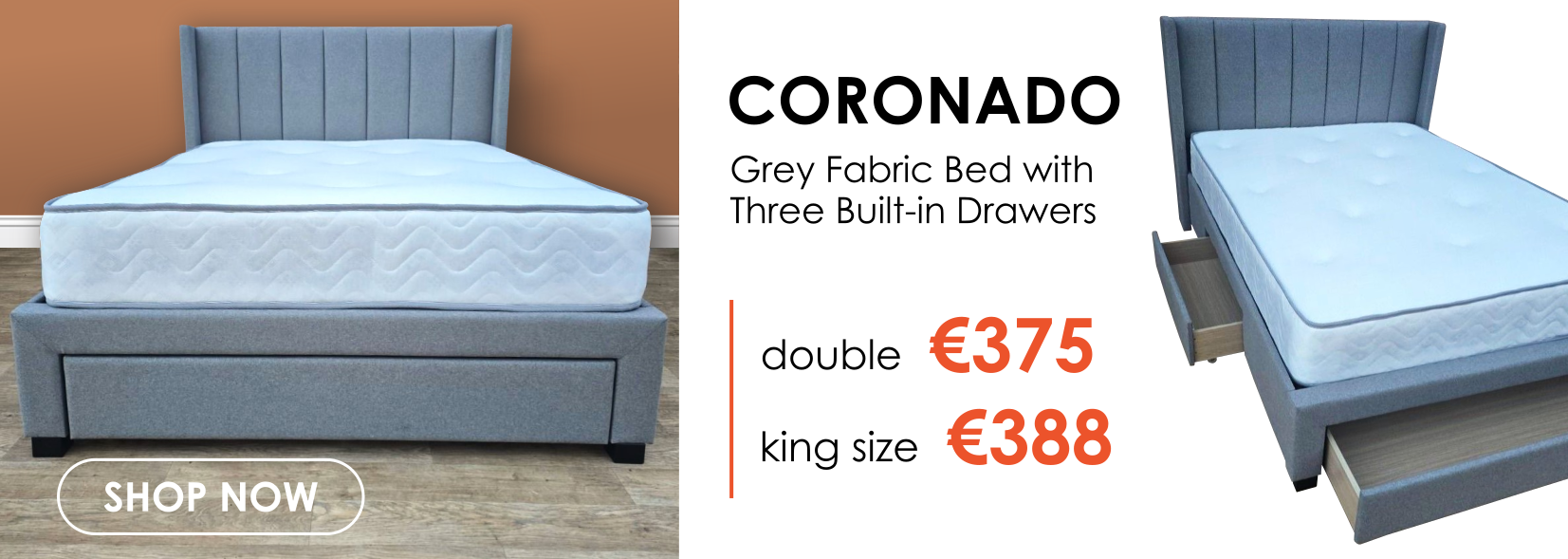 Coronado Fabric Bed with Drawers - Double or King Size