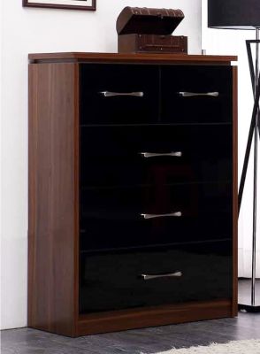 Conrad 3+2 Drawer Chest  - Black Gloss / Walnut