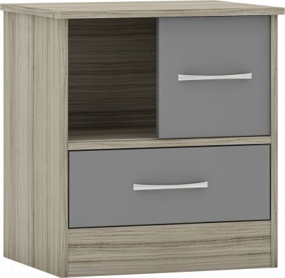 Nevada Sliding Door Bedside - Grey Gloss/Light Oak