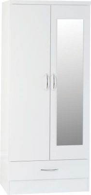 Nevada MIRRORED 2 Door 1 Drawer Wardrobe - White