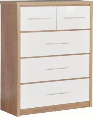 Seville 3+2 Drawer Chest - White High Gloss / Light Oak Effect