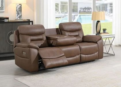 Leroy 3 Seater Recliner w/ Table & Wireless Charger CHESTNUT