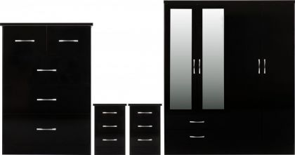 Nevada 4 Door Mirrored Wardrobe BEDROOM SET - Black Gloss