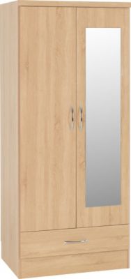 Nevada MIRRORED 2 Door 1 Drawer Wardrobe - Sonoma Oak Effect