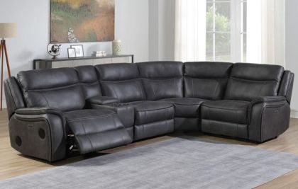 Fenix Technology Sectional Suite - Grey w/ 2 Cooler Cupholders, Wireless Charger, Speakers & Drawer (Rec-Con-Elm-Cor-Rec)