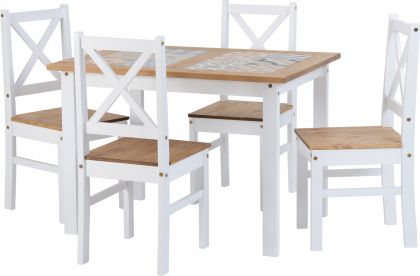 Salvador 1+4 Tile Top Dining Set - White/Distressed Waxed Pine